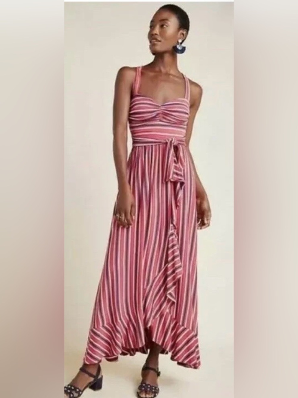Anthropologie Maeve Gabriela Pink Striped Maxi Dress with Waist Tie